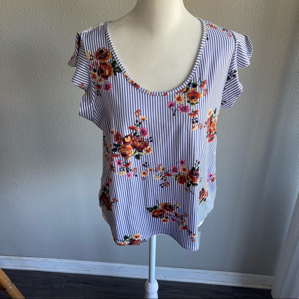 Floral Stripped Cotton & Lace Shirt L By Sweet Rain